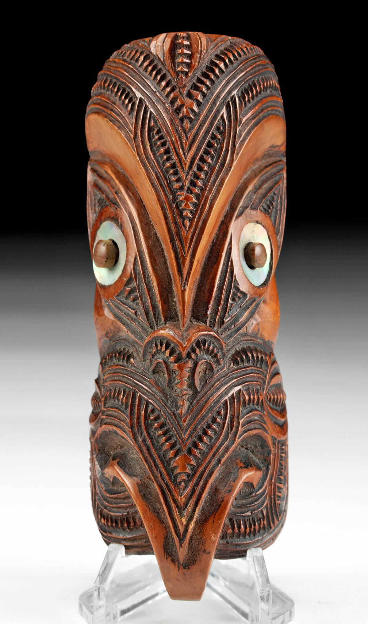 20th C. Maori Wood Wheku Face Carving w/ Nacre (1 of 4)
