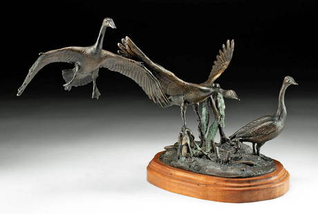 John Scott Goose Bronze "Flaps Down, Landing Gear Down": John J. Scott (American, 1919-2016). "Flaps Down, Landing Gear Down" bronze, n.d. Inscribed with the artist's signature and ram's symbol as well as the title of the piece and the edition number 2 of 3