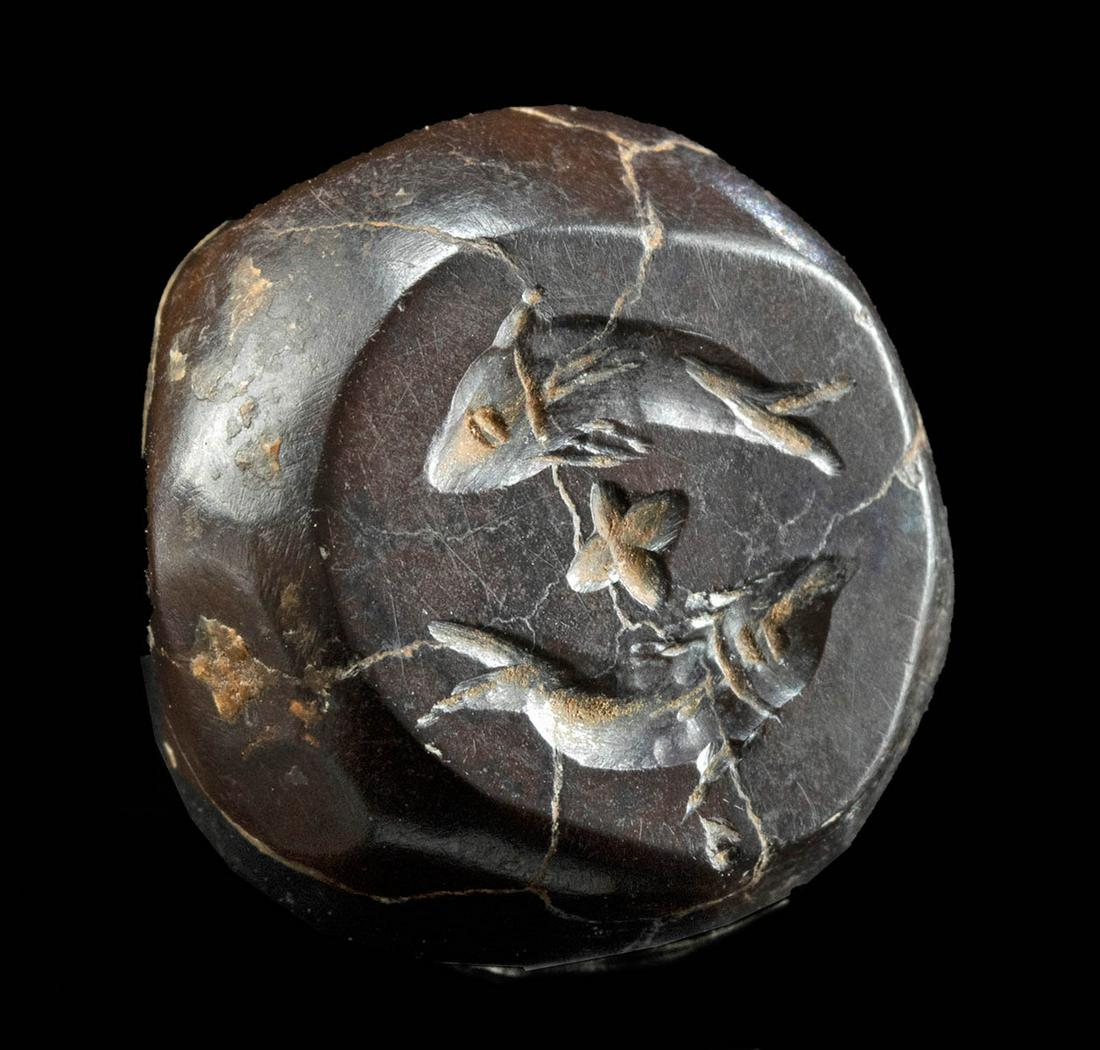 Sasanian Hematite Stamp Seal Bead, Dolphins: Ancient Near East / Central Asia, Sasanian (Sassanian / Sassanid) Empire, ca. 224 to 651 CE. A fine carved hematite stamp seal of a deep brown hue in the form of a half-sphere with an O-type impressio