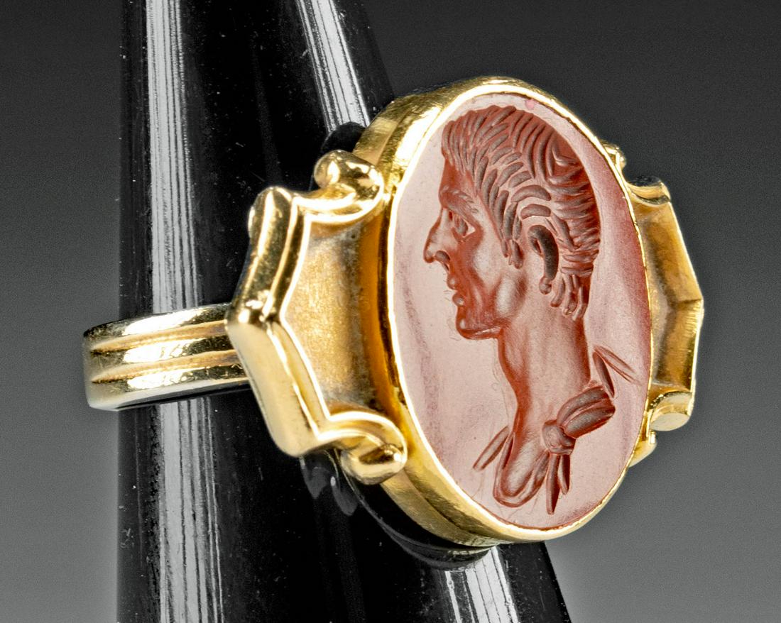 19th C. Neoclassical Gold Ring w/ Jasper Intaglio: **Originally Listed At $700** Western Europe, probably England or France, Neoclassical Period, ca. 19th century CE. A gorgeous and wearable ring constructed from a 57.14% gold body and a hand-carved r