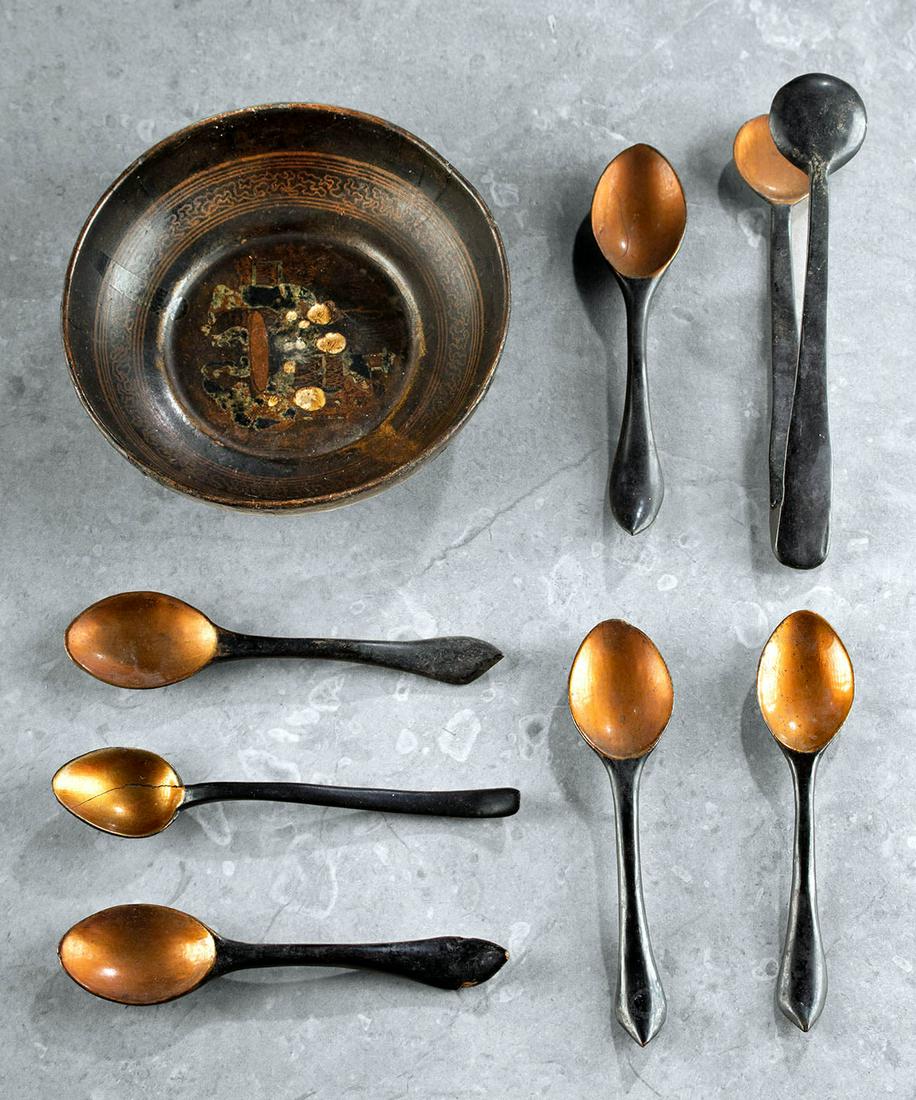 19th C. Japanese Edo Wood Dish & Utensils, 8 pcs: Originally listed at $300 East Asia, Japan, late Edo to Meiji period, ca. 19th to 20th century CE. A beautiful ensemble of wood utensils for papier mache - a bowl, 6 spoons, and tongs - all enveloped