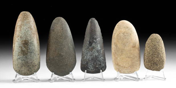 5 Native American Eastern Woodland Hopewell Stone Celts: **Originally Listed At $300** Native American, Southeastern United States, Kentucky, Hopewell culture, Middle Woodland period, ca. 100 to 500 CE. A fine gathering of 5 stone celts each skillfully peck