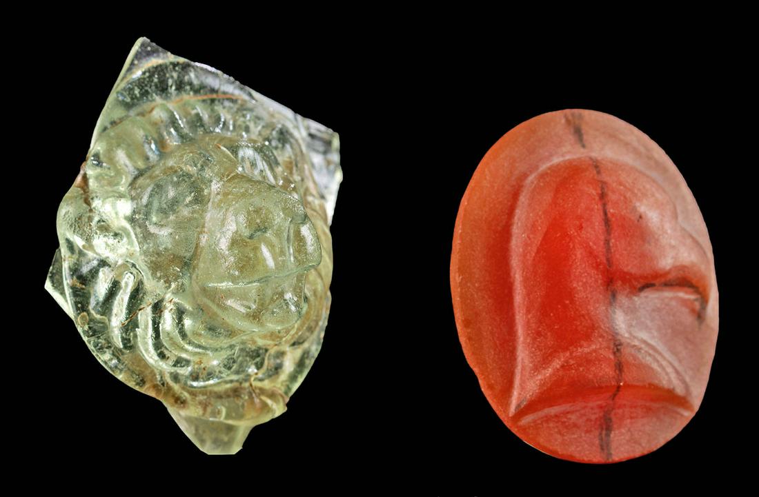 1st C. Roman Glass Lion Head + 19th C. Carnelian Cameo: Roman, Imperial period, ca. 1st to 3rd century CE; Western Europe, Neoclassical period, ca. 19th century CE. A wonderful pair of adornments featuring 2 popular animals of the Classical and Neoclassica