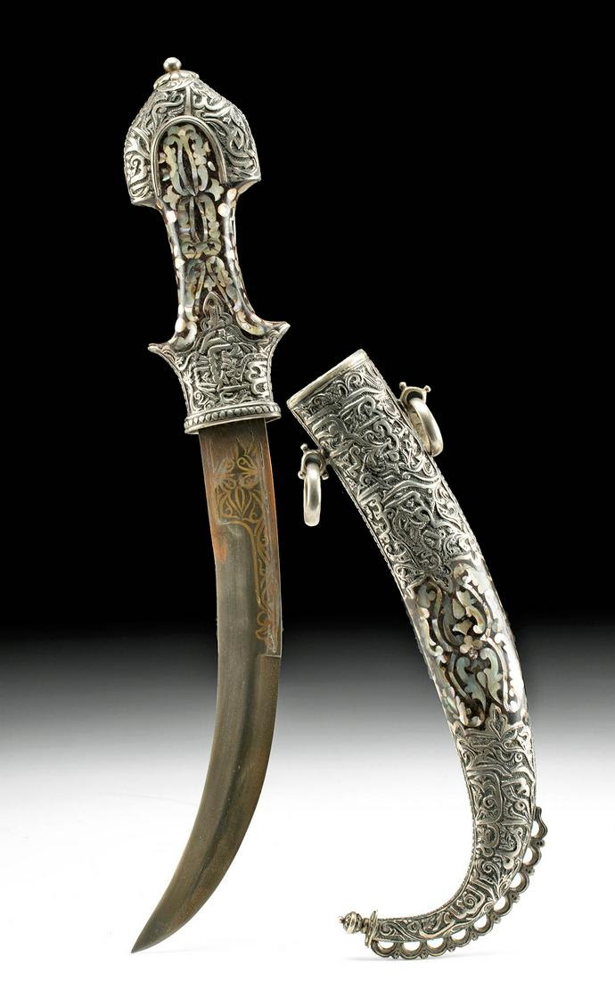 19th C. Indo-Persian Khanjar Silver Sheath, Nacre Inlay (1 of 3)