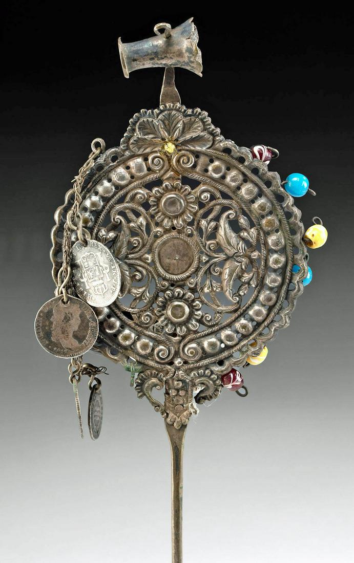 19th C. Bolivian Silver Tupu w/ Coins & Glass Beads (1 of 3)