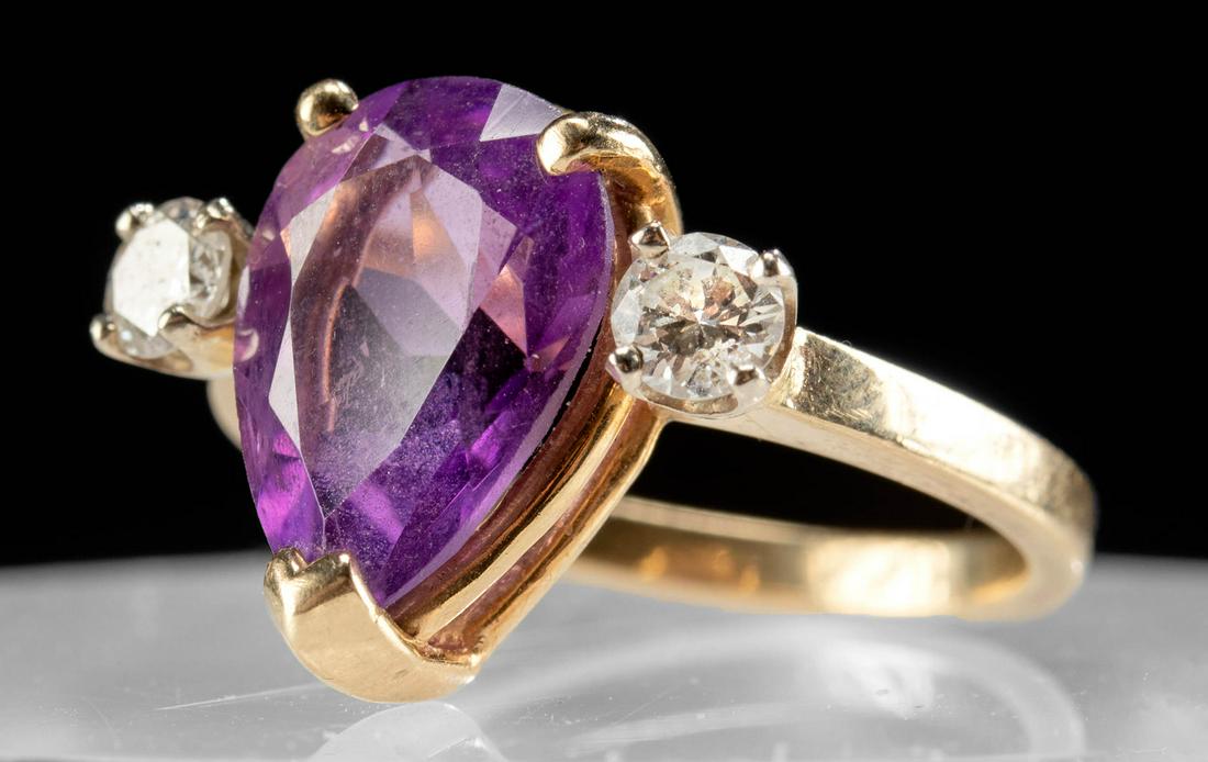 14K Gold Ring w/ Amethyst Solitaire, Diamonds (1 of 5)
