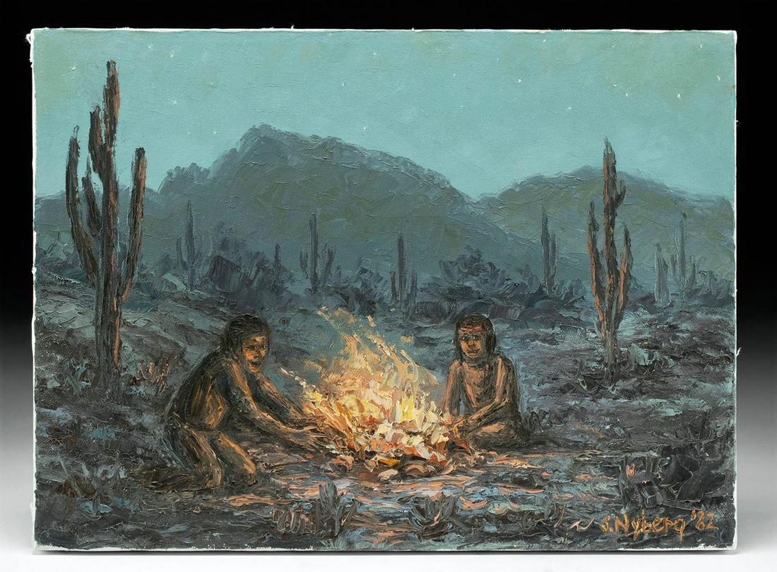 Susanne Nyberg Painting - Native Americans (1982): **Originally Listed At $400** Susanne Nyberg (American, b. 1953). Oil on canvas, 1982. Signed and dated on lower right. A charming campfire scene painted by American artist Susanne Nyberg. The composi