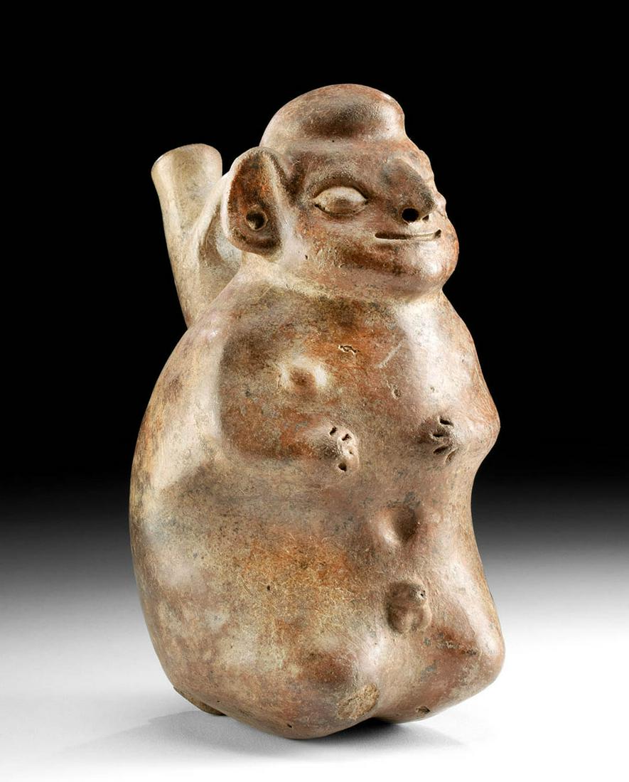 Vicus Redware Stirrup Vessel Nude Hermaphrodite: **Originally Listed At $400** Pre-Columbian, North Coast Peru, Vicus, ca. 200 BCE to 200 CE. An intriguing redware stirrup vessel in the form of a kneeling hermaphrodite with the air of contentedness.