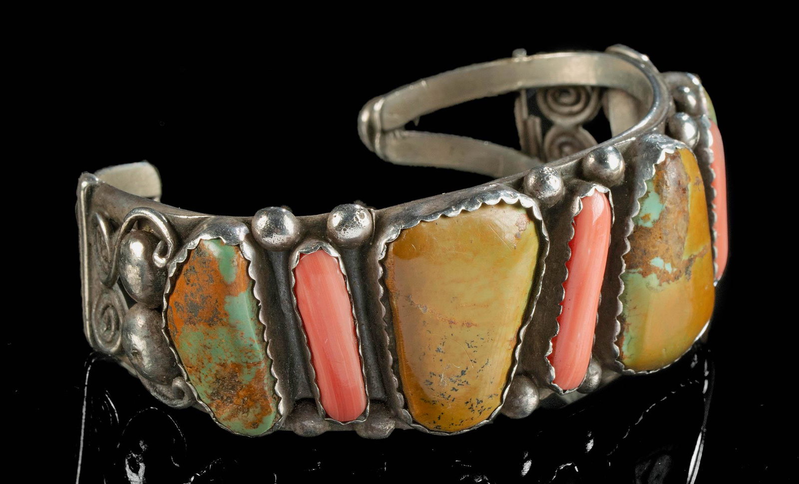 20th C. Zuni Silver, Turquoise, & Coral Cuff Bracelet (1 of 4)