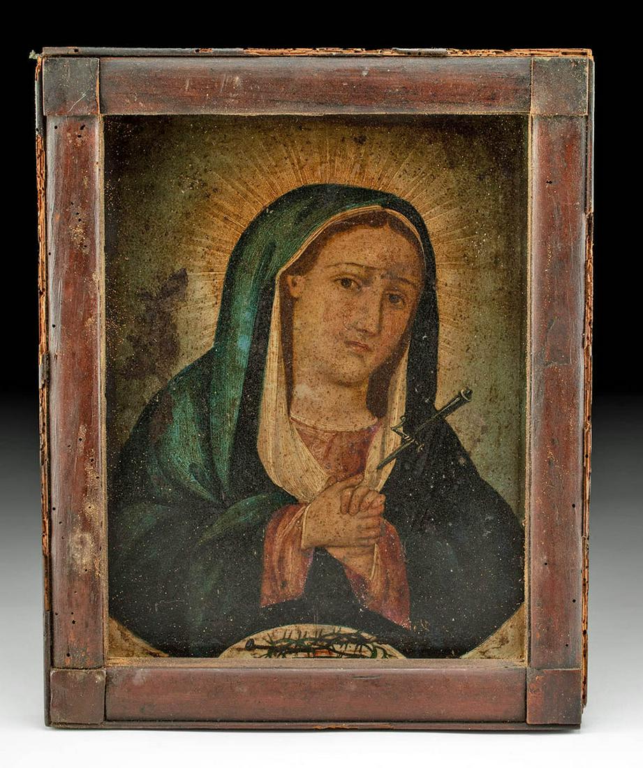 19th C. Mexican Tin Retablo, Our Lady of Sorrows: **Originally Listed At $300** Latin America, Mexico, Spanish Colonial Period, ca. 19th century CE. A poignant tin retablo rendering of The Virgin Mary as Our Lady of Sorrows (Mater Dolorosa in Latin),