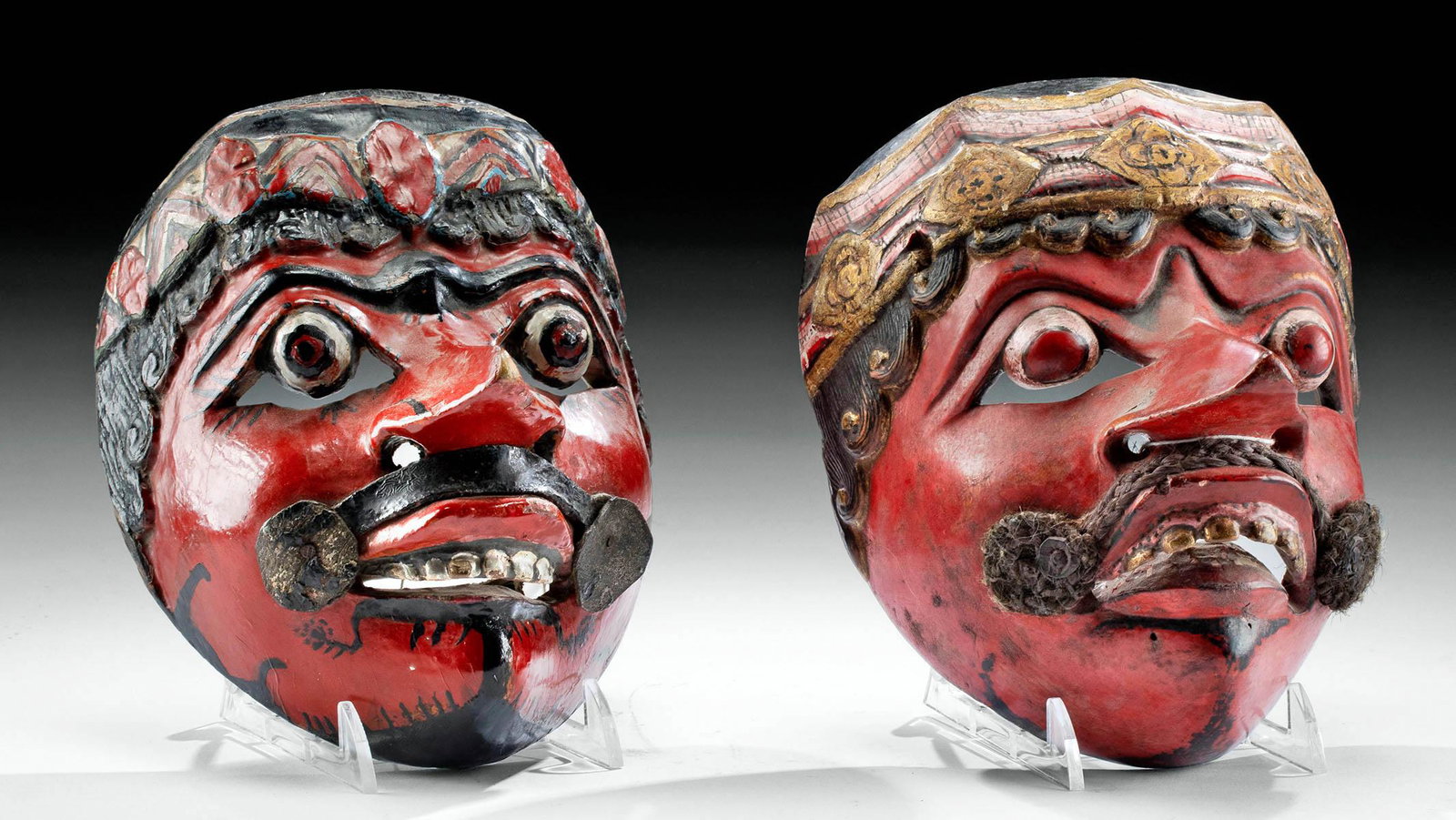 20th C. Indonesian Painted Wood Masks for Topeng Dance: **Originally Listed At $300** Southeast Asia, Indonesia, Bali or Java, ca. 20th century CE. A fine pair of hand-carved and hand-painted wooden masks depicting characters for the Topeng dance of Indone
