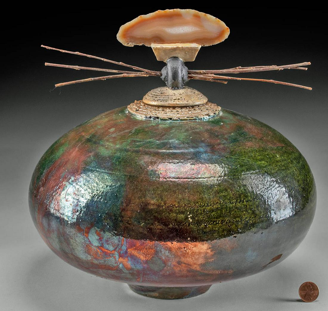 Joseph Woodford Raku Lidded Jar, Twigs & Agate (1 of 5)