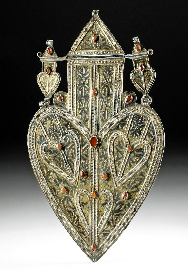19th C. Turkoman Gilt Silver Asyk Hair Ornament: **Originally Listed At $2500** Central Asia, Uzbekistan, Afghanistan, or Turkmenistan, Turkoman (Turkman), Karakalpak, or Tekke peoples, ca. 19th to mid-20th century CE. This is a massive and gorgeous