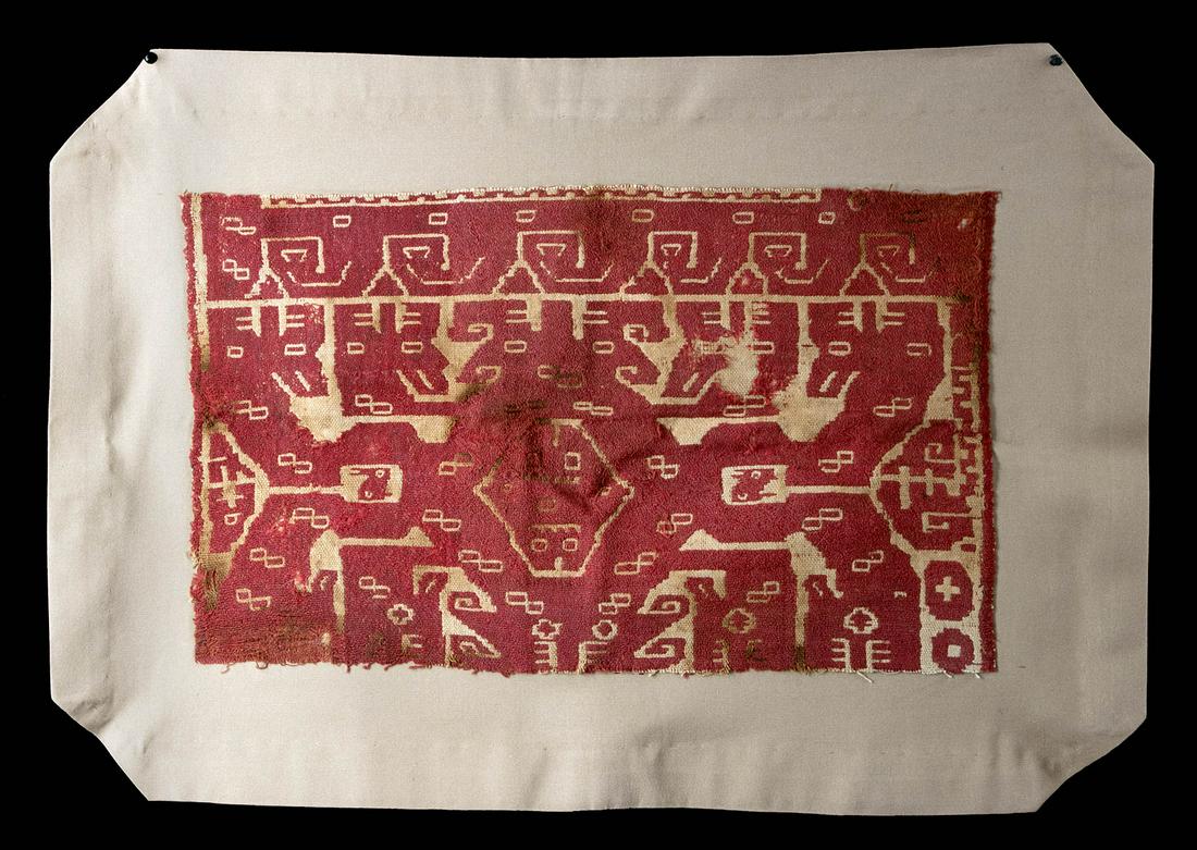 Pachacamac Textile w/ Mirrored Dragons: **Originally Listed At $850** Pre-Columbian, Peru, Lurin Valley, Pachacamac culture, ca. 11th to 16th century CE. A wondrous textile panel comprised of tightly woven natural cotton fibers in a bi-chro