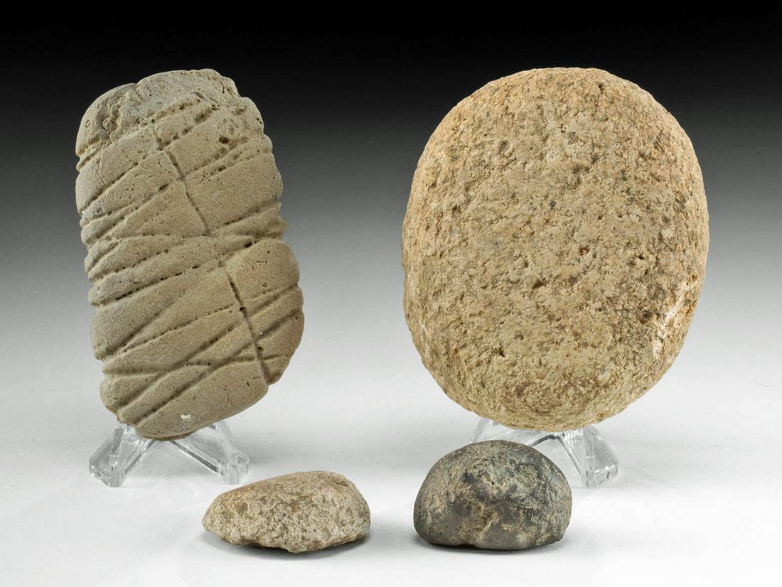 Archaic / Woodlands Stone Tools & Preforms (4 pcs): **Originally Listed At $300** Native American, Midwestern United States, Archaic to Woodlands, ca. 1000 BCE to 1000 CE. A collection of 4 worked stone tools, one with linear grooves from use as an arr