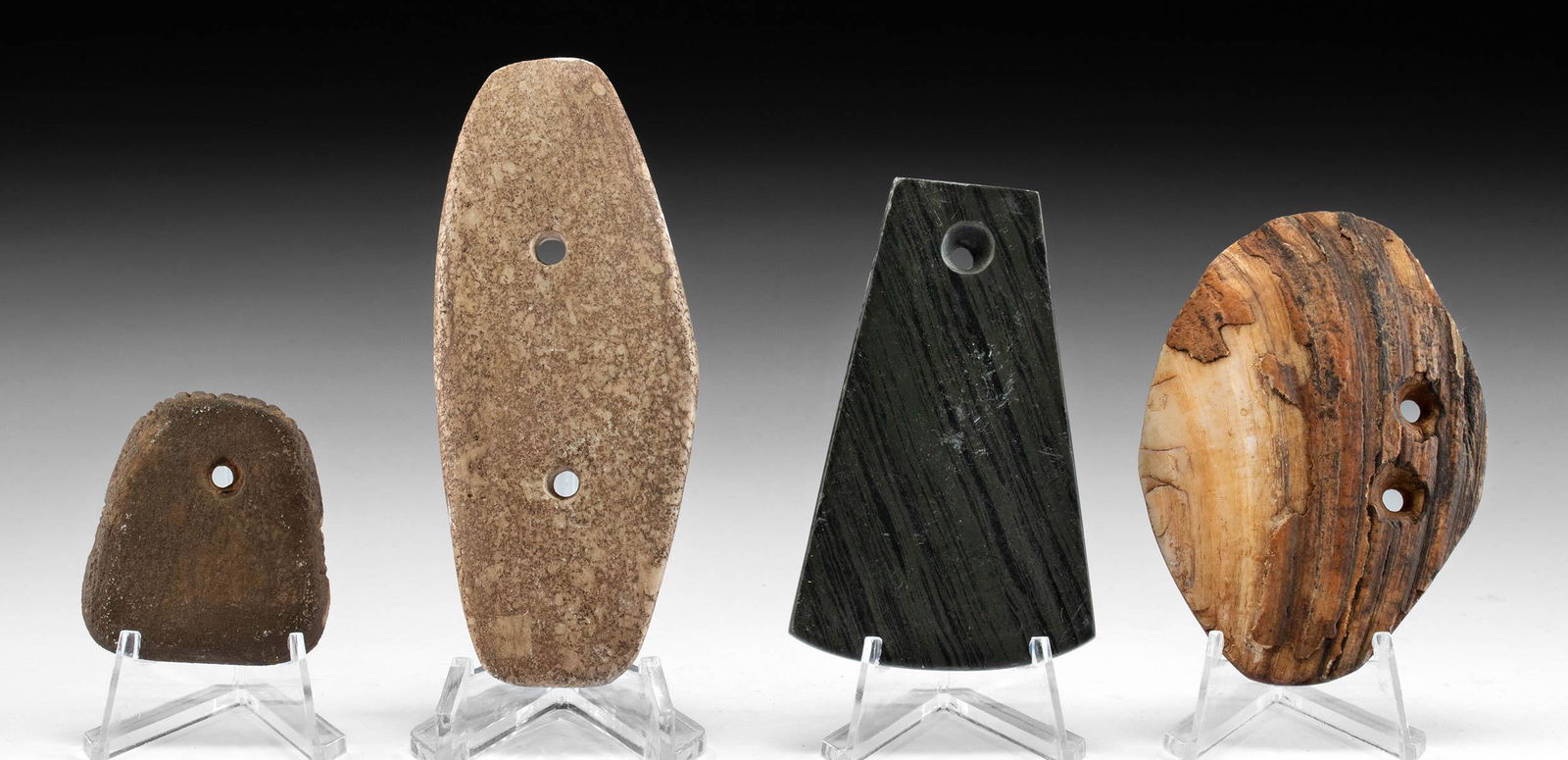 Native American Woodland Gorgets (Stone & Shell): **Originally Listed At $1200** Native American, Southeastern United States, Eastern Woodland and Mississippian cultures, ca. 1000 BCE to 1000 CE. This is a superb collection of stone and shell gorgets