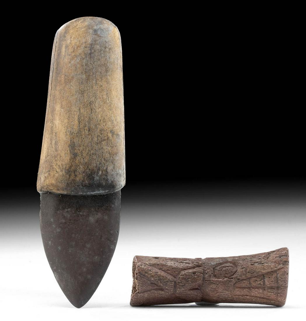 19th C. Inuit Bone / Slate Knife + Haida Totem Pendant: **Originally Listed At $400** Native American, Pacific Northwest Coast, United States or Canada, Inuit and Tlingit or Haida people, ca. 19th century CE. A collection of two items from Northwestern Tri