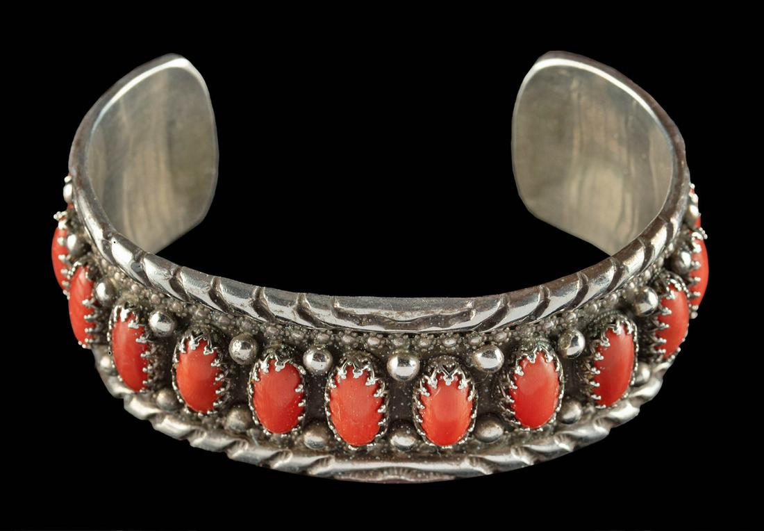 Navajo Sterling Silver Cuff Bracelet w/ Coral (1 of 4)