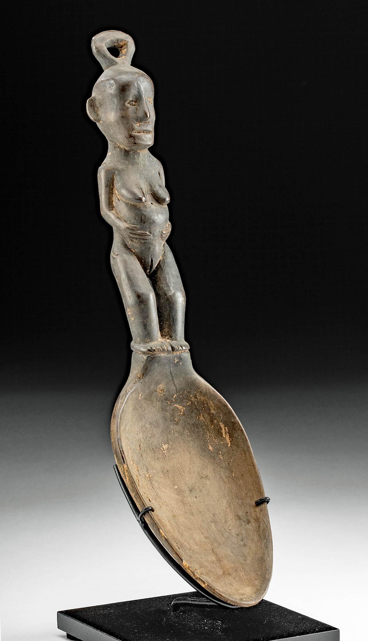 19th C. Filipino Ifugao Wood Spoon / Pakko Nude Female: **Originally Listed At $650** Southeast Asia, Philippines, Luzon Island, Ifugao culture, ca. 19th century CE. A fine hand-carved wooden spoon known as a pakko; its handle depicting a standing nude fem