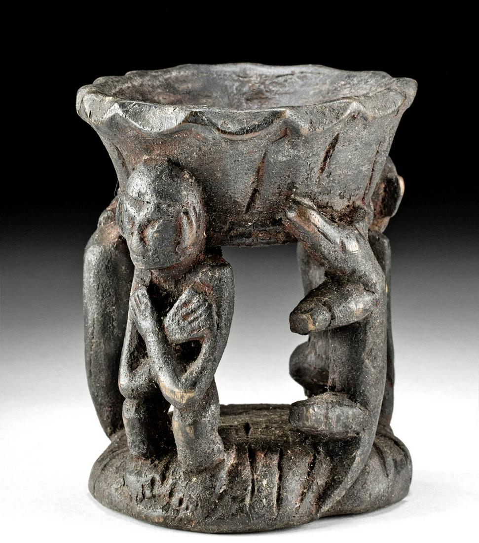 19th C. Philippine Ifugao Wood Offering Dish: **Originally Listed At $250** Southeast Asia, Philippines, Ifugao province, ca. 19th century CE. A hand-carved wooden offering dish supported by zoomorphic and anthropomorphic figures on an integral b