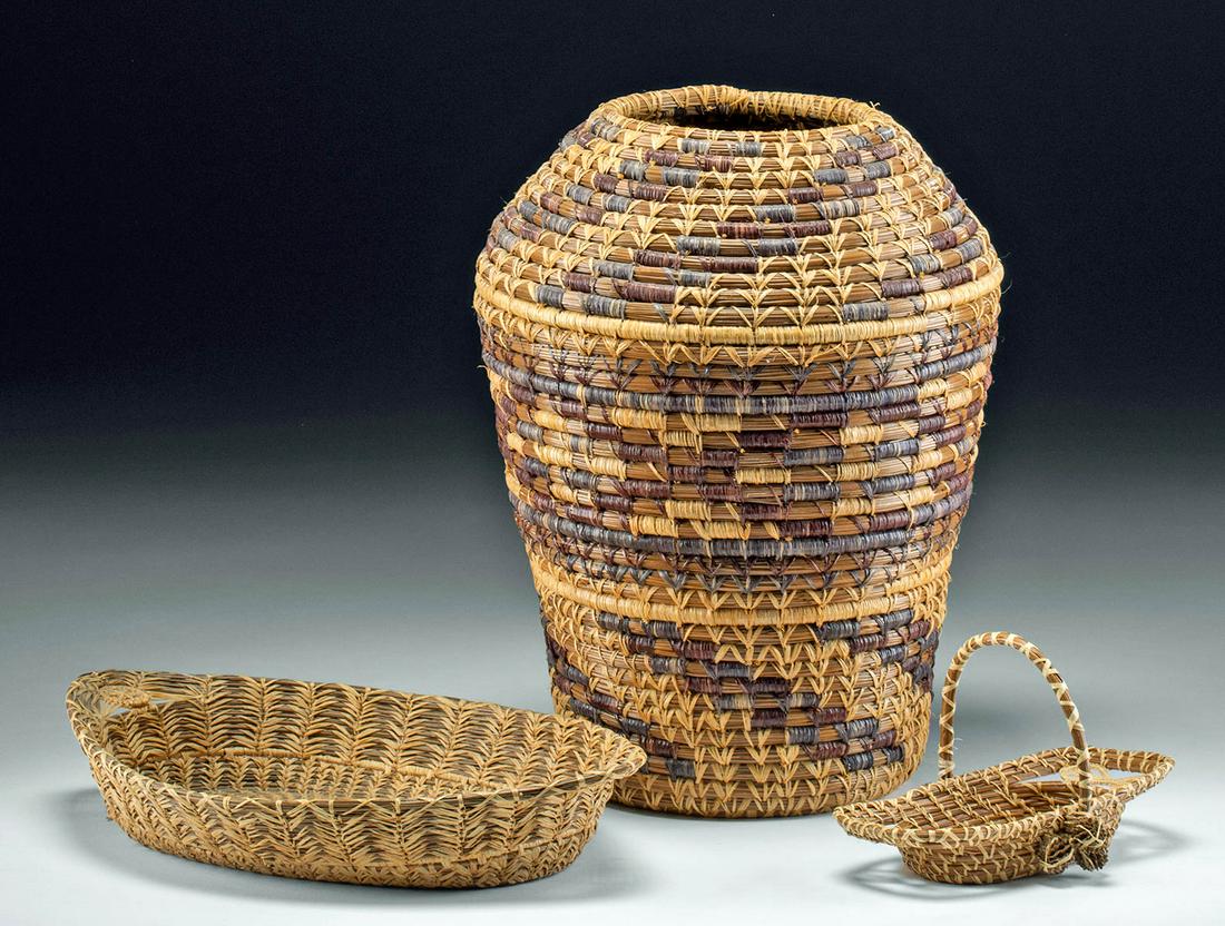 20th C. American Pine Needle & Raffia Folk Art Baskets (1 of 3)