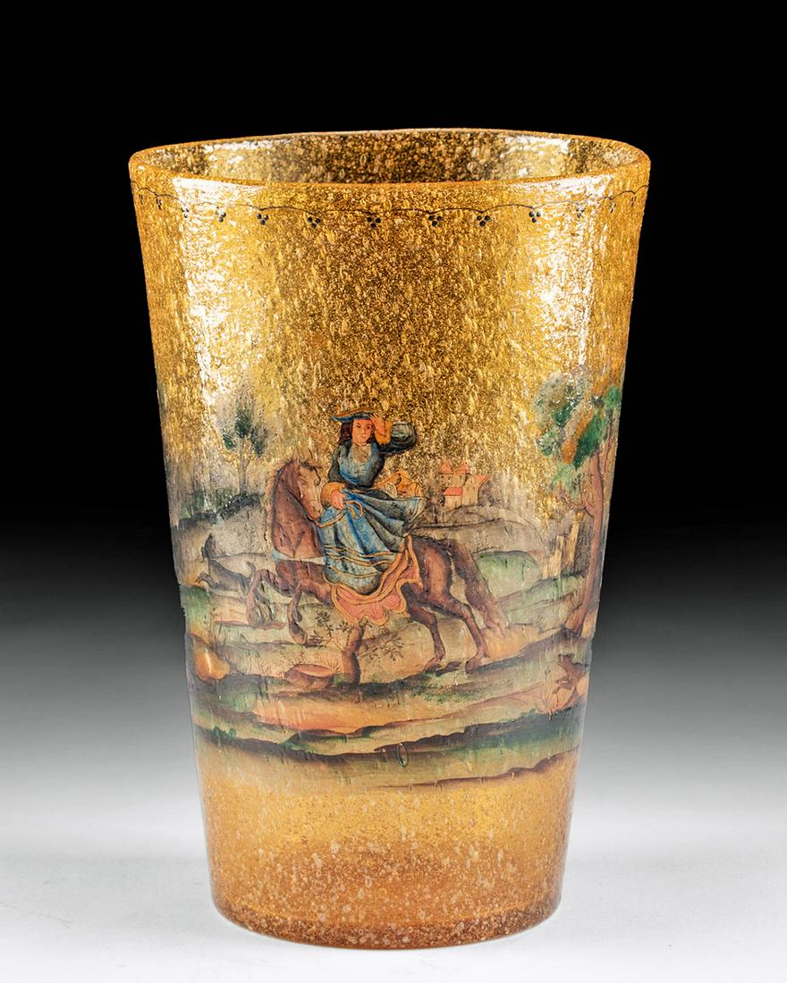 19th C. Austrian Painted Glass Vase, Hunting Scene: **Originally Listed At $1200** Central Europe, Austria, Biedermeier period, ca. first quarter of the 19th century CE. A striking glass vase in a gorgeous translucent hue of marigold displaying a circu