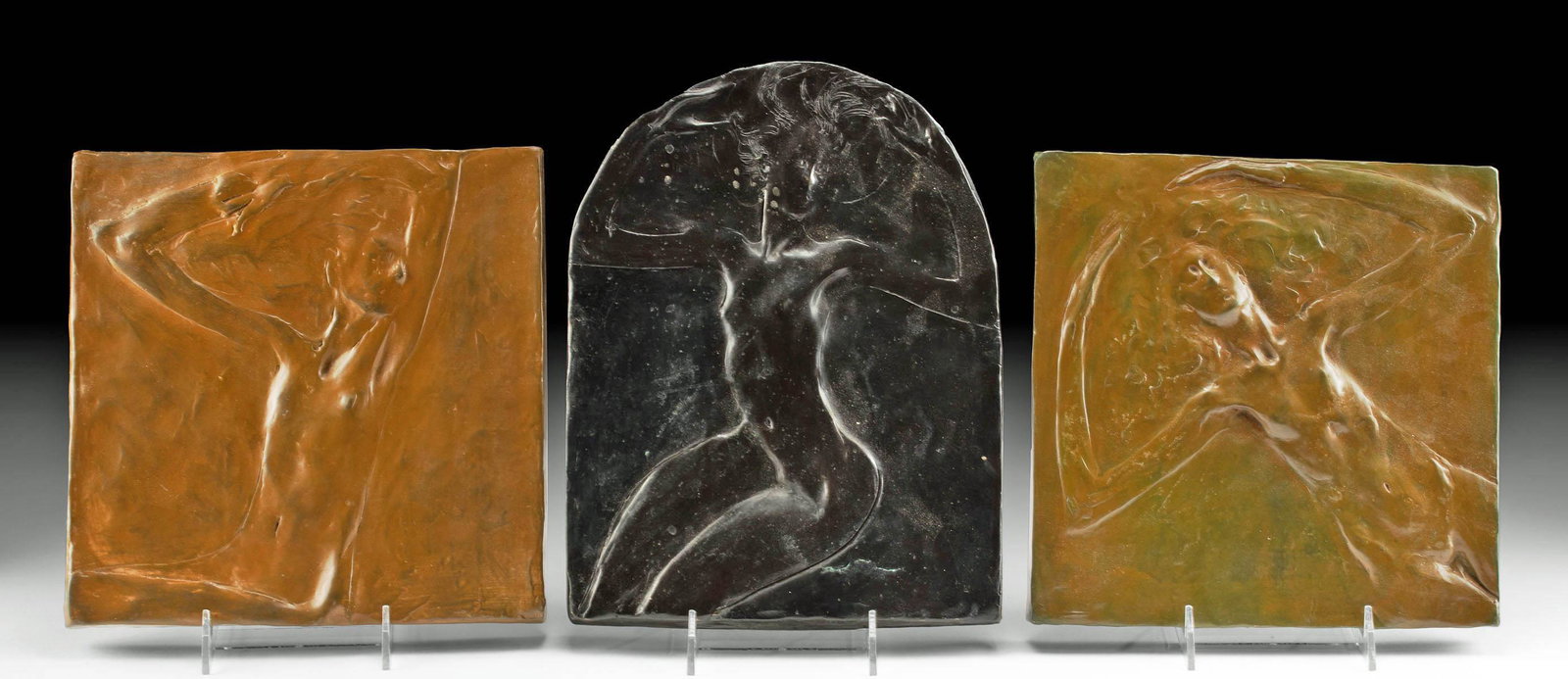 3 John Zahourek Bronze Reliefs - Nudes: **Originally Listed At $500** Jon Zahourek (American, b. 1940). Three bronze reliefs, ca. 1960s to 1980s. Square reliefs are artist's proofs. Arched relief is edition 5 of 20. All are signed and numbe