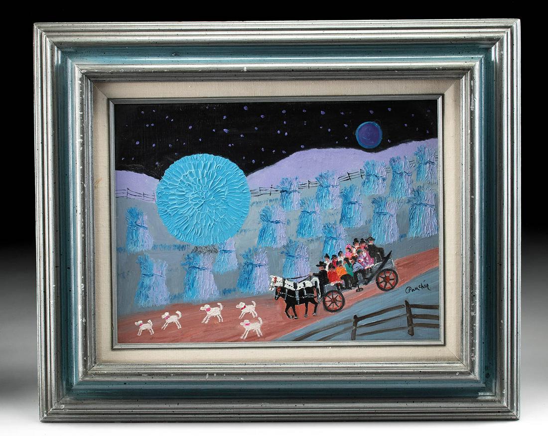 Henry Pancher Painting - "Pa's Coon Dogs" (1986): **Originally Listed At $500** Henry L. Pancher (American, 1910-1994). "Pa's Coon Dogs" oil on board, June 1986. Signed on lower right. A fabulous folk art painting by self-taught Outsider Artist Henry