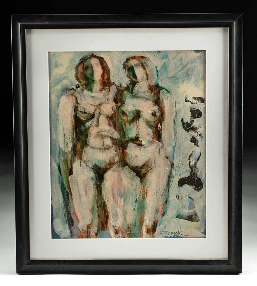 Harold Frank Mixed Media Painting - "Two White Nudes": Harold Frank (American born in England, 1921-1995). "Two White Nudes" mixed media on board, n.d. Signed at lower right. A striking composition by Harold Frank depicting an Abstract-Expressionist rende