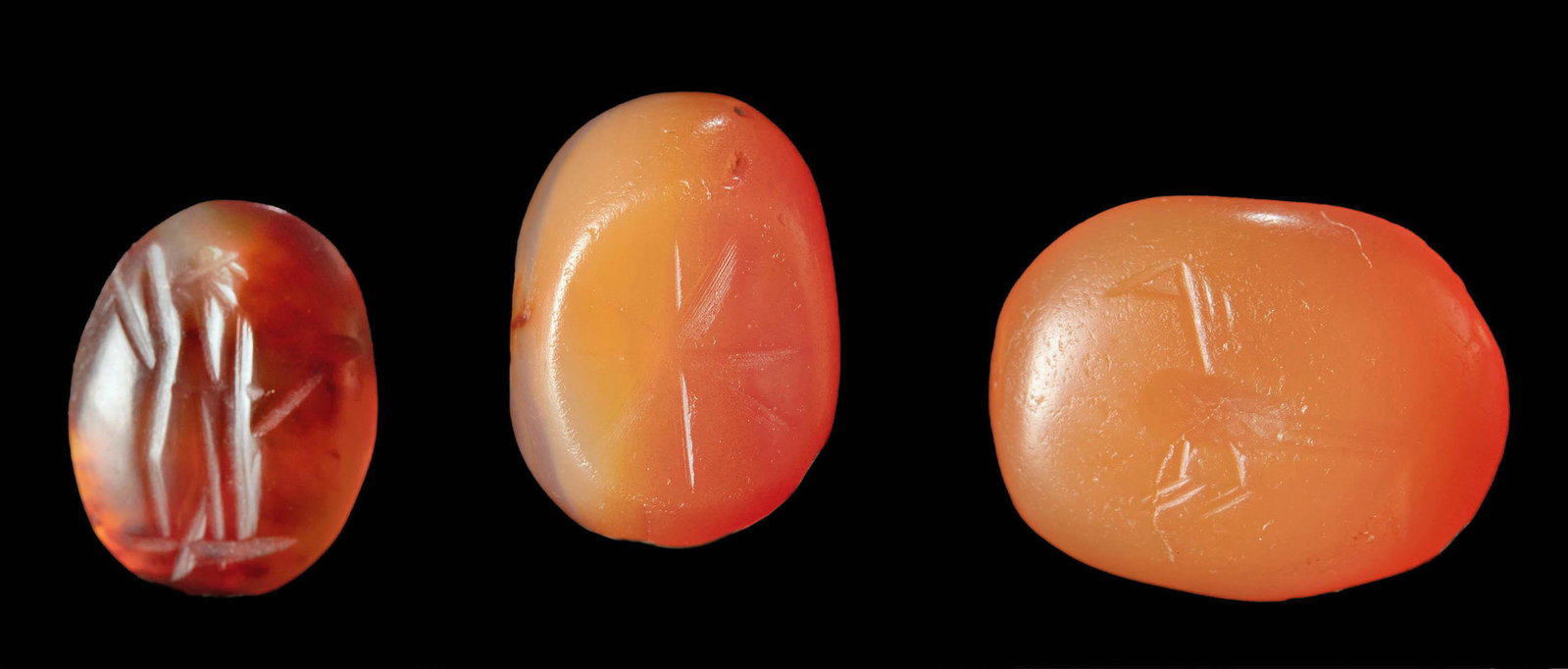 Sasanian Carnelian Intaglios + Stamp Seal Bead: Central Asia to northern Africa, Sasanian Empire, ca. 224 to 651 CE. Two fine carnelian intaglios along with an equally fine stamp seal. Each from beautifully toned red-orange stone etched with ancien