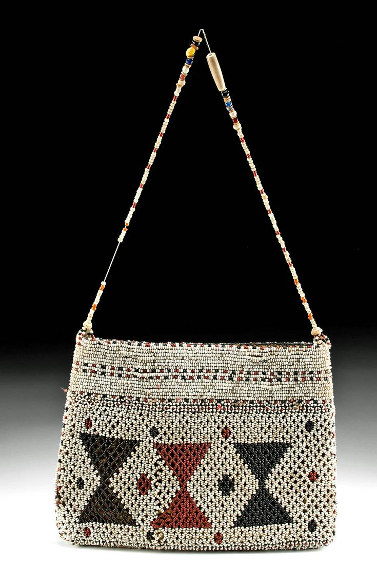 20th C. Indonesian Beaded Sirih for Carrying Betelnuts: **Originally Listed At $400** Southeast Asia, Indonesia, Sumatra, Batak people, ca. early to mid-20th century CE. A beautiful bag for carrying betelnuts known as a "sirih" woven from palm fronts and h