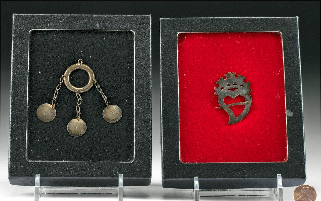 19th C. Native American Silver & Nickel Jewelry: **Originally Listed At $300** Northwestern Europe, Scotland, ca. mid-18th century CE; Southwestern United States, Navajo, ca. late 19th to early 20th century CE. A pair of jewelry ornaments that inclu