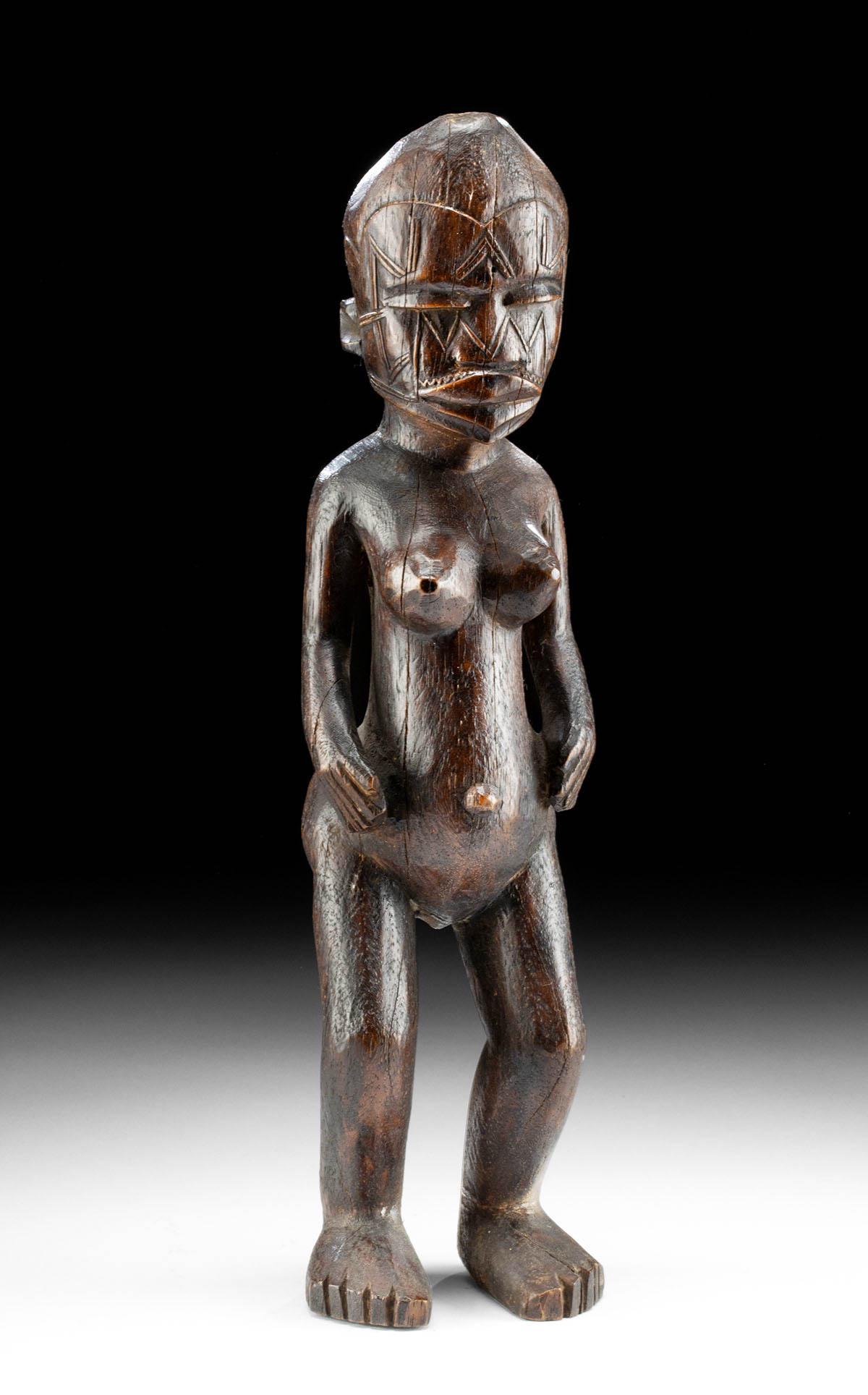 20th C. African Makonde Nude Female Figure: **Originally Listed At $400** Southern Africa, Mozambique or Tanzania, Makonde peoples, ca. mid-20th century CE. A finely carved wooden anthropomorphic woman standing on broad feet and slightly bent l
