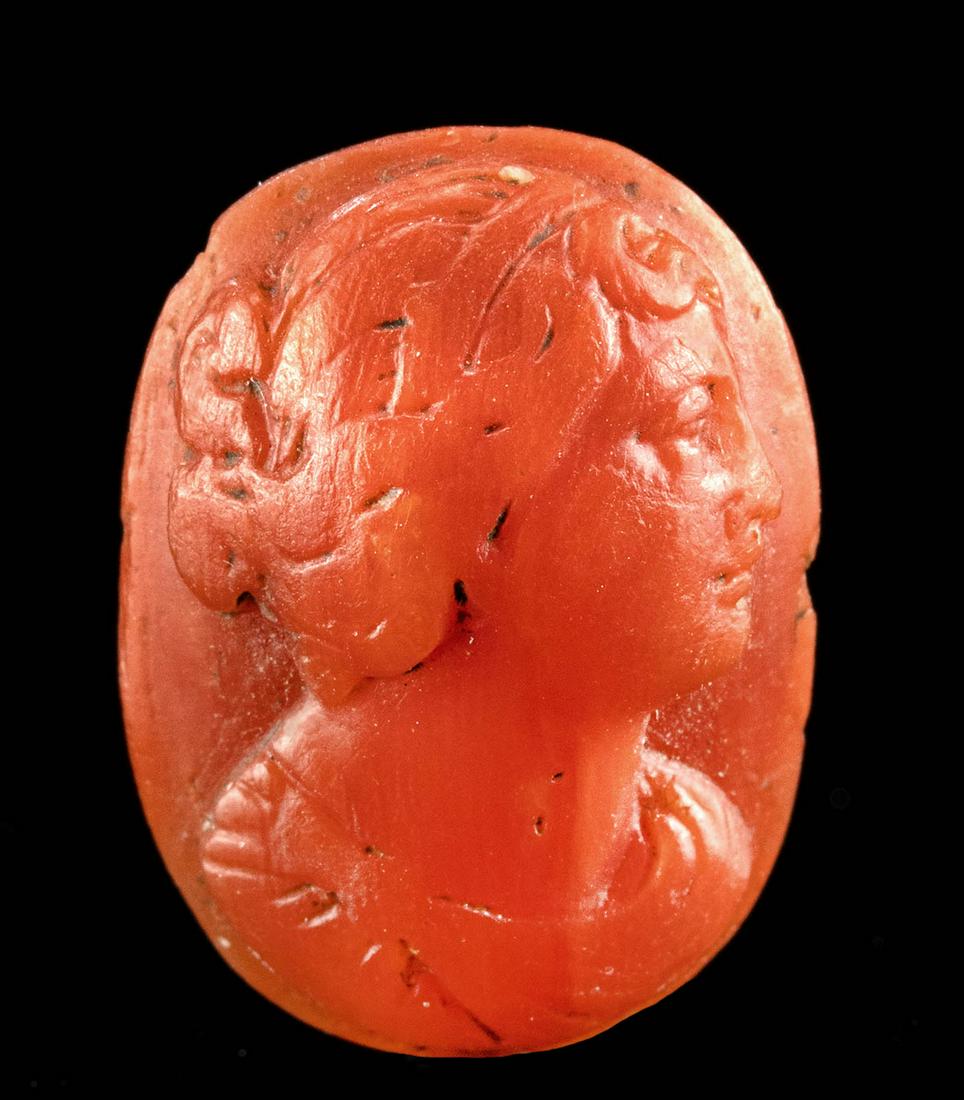 18th C. Neoclassical Coral Cameo Lady Greco-Roman Style: **Originally Listed At $500** Europe, Italy, ca. 18th to 19th century CE. A coral ovoid cameo of an elegant lady in profile in a Greco-Roman classical style. Her hair is swept back into a bun with del
