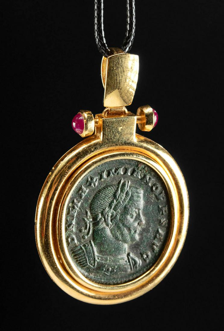 Roman Maximina's Follis - 18K Gold Penant w/ Rubies (1 of 2)
