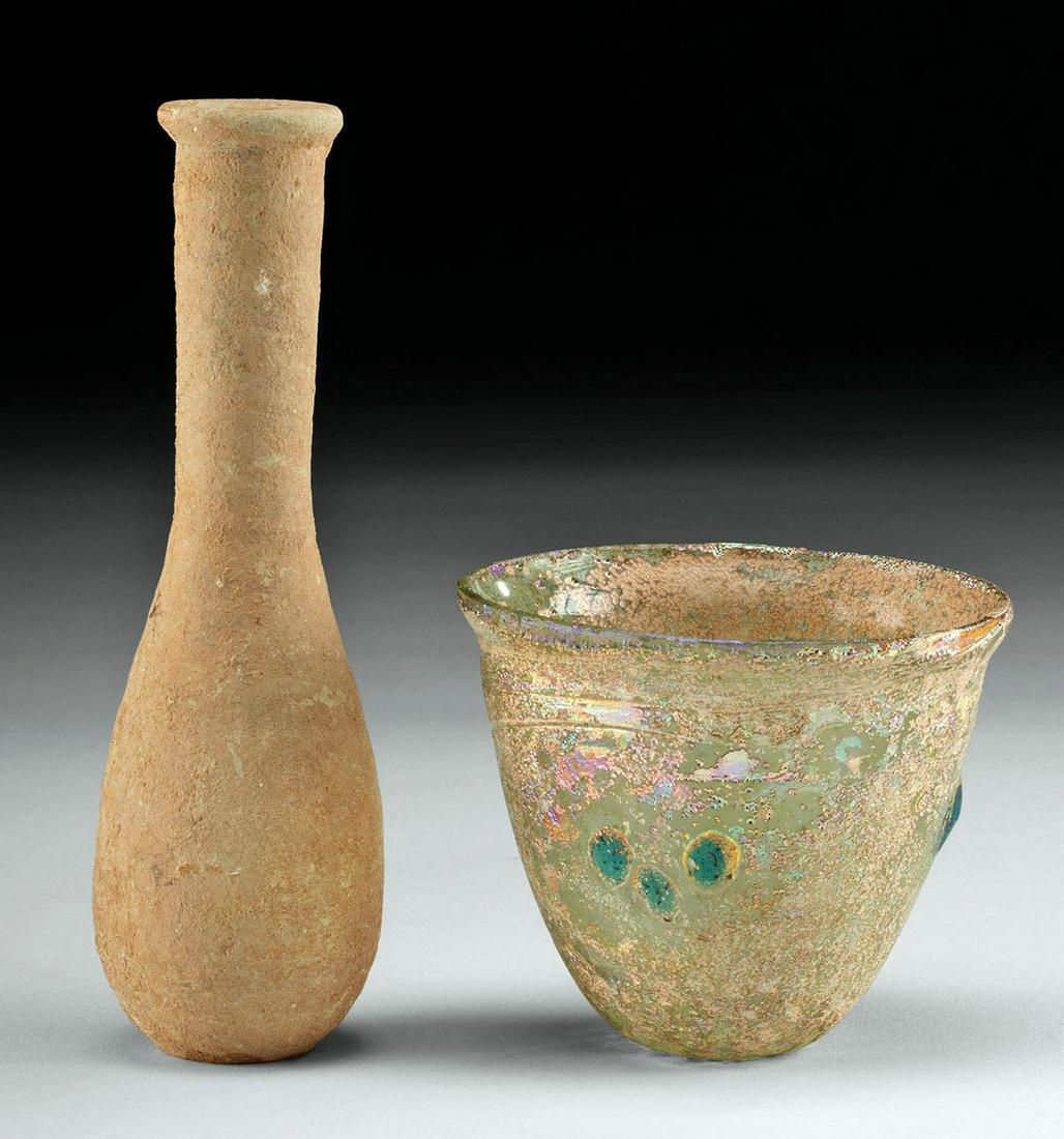 Roman Pottery Unguentarium & Glass Cup w/ Blue Dots (1 of 5)