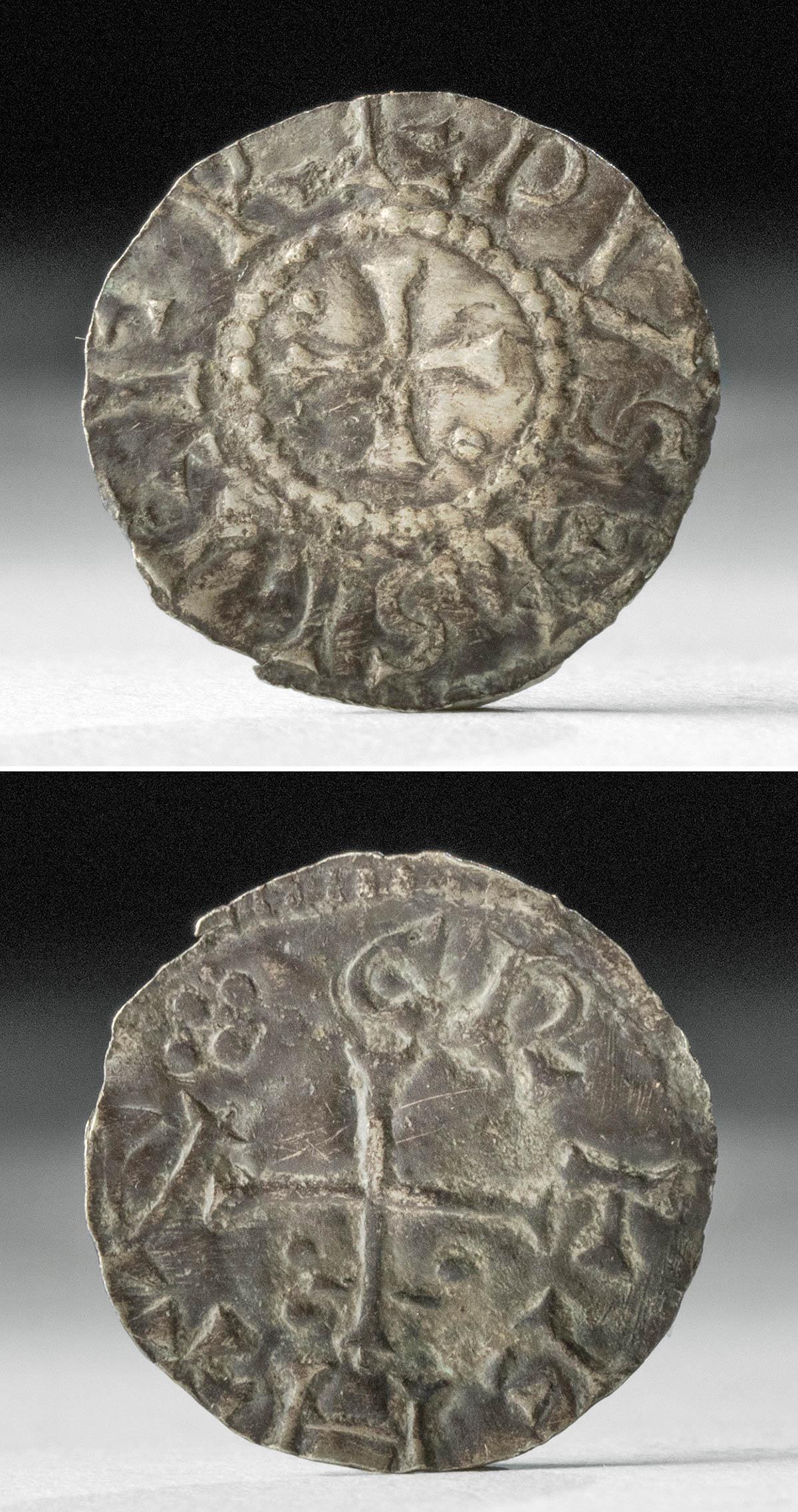 Rare 9th C. Anglo-Viking Silver AR Penny Coin: **First Time At Auction** Northwestern Europe, Kingdom of Denmark / England, Northumbria, Anglo-Viking, ca. 900 CE. A rare 93% silver penny coin from the Kingdom of Northumbria, during the Viking Age.