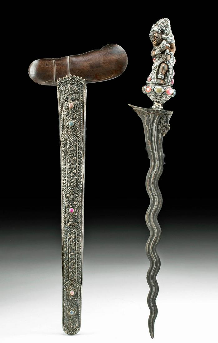 19th C. Balinese Jeweled Silver Kris Sword & Sheath: **First Time At Auction** Southeast Asia, Indonesia, Bali, ca. 19th to early 20th century CE. This is a superb kris sword with high quality silver- 98%, and precious stone inlaid on the handle and she
