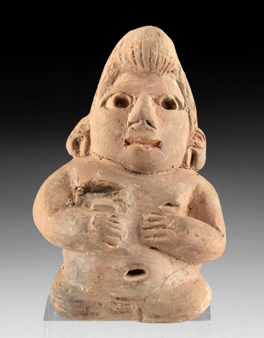 Olmecoid / Proto Maya Pottery Seated Nude Female: **Originally Listed At $300** Pre-Columbian, Southern Mexico to Guatemala, late Olmec to Proto-Maya culture, ca. 500 BCE to 300 CE. A delightful pottery fertility figure of a seated female depicted nu