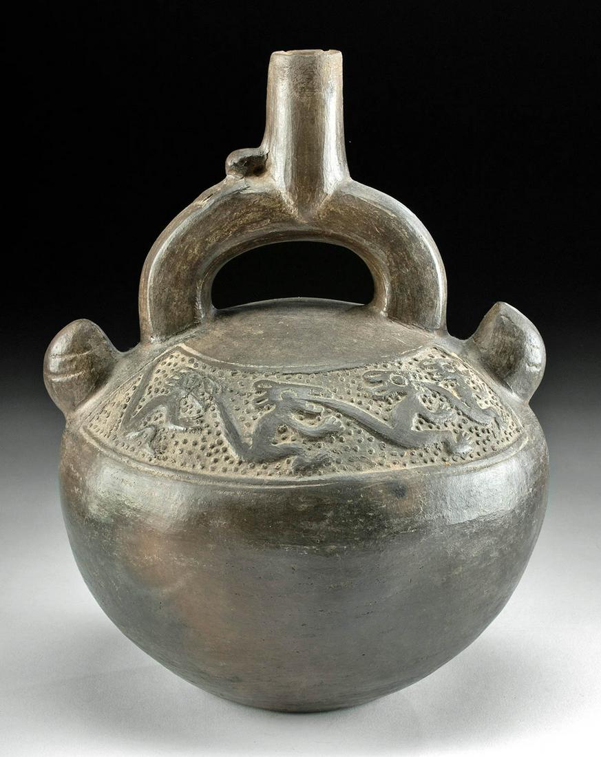 Chimu Blackware Stirrup Vessel w/ Monkeys (1 of 4)