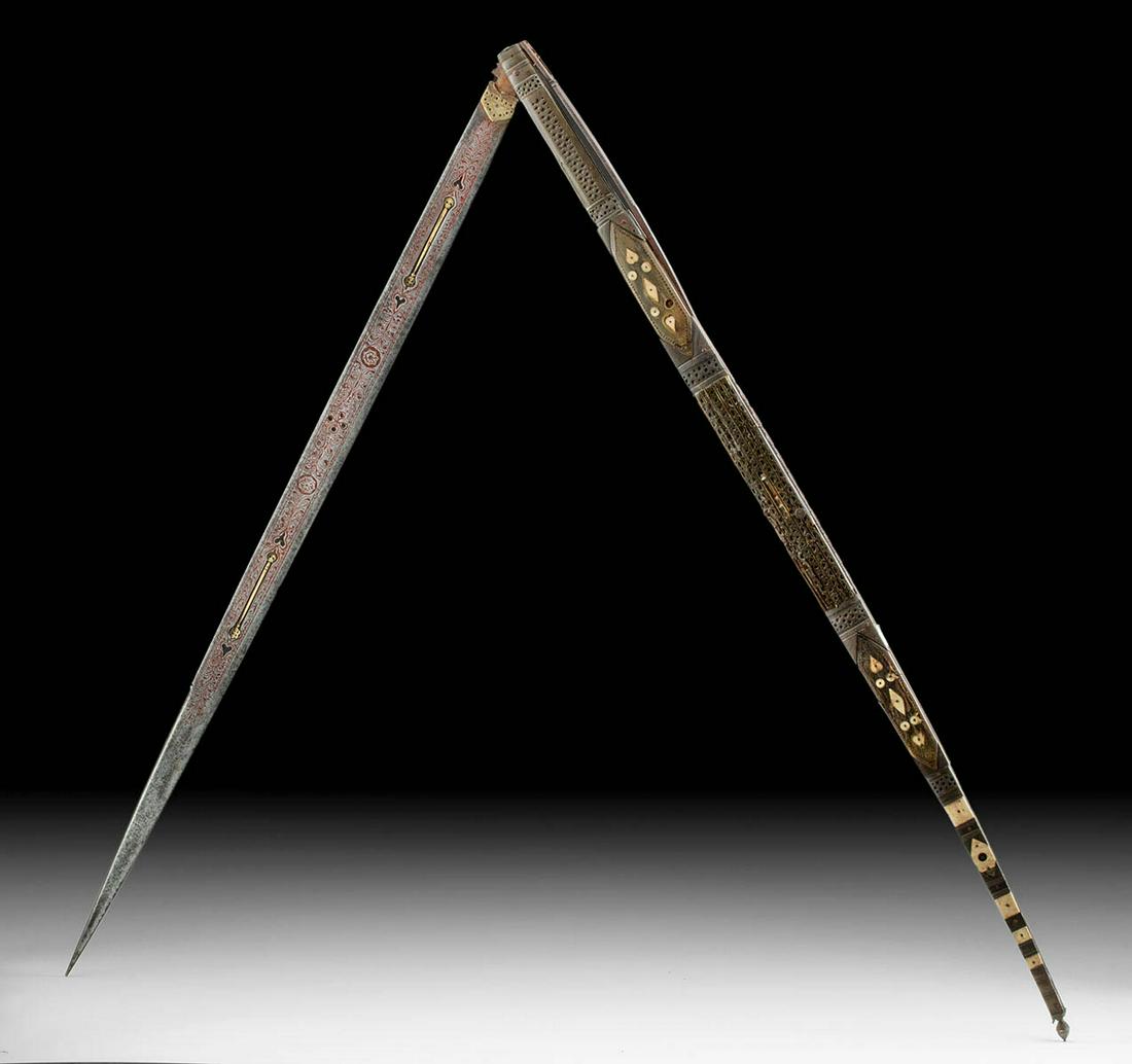 Rare 1860 Spanish Steel Weapon / Navaja: **First Time At Auction** Western Europe, Spain, Madrid, ca. 1860 CE. An exceptional steel weapon known as navaja, the folding blade opens on a spring! The iron handle is covered with intricate openwo