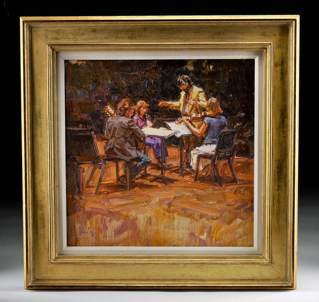 Mark Daily Painting with Gilt Frame - "The Rehearsal": **Originally Listed At $1000** Mark Daily (American, b. 1946). "The Rehearsal" oil on canvas, n.d. Signed on the lower left. A marvelous Mark Daily painting - titled "The Rehearsal" - in a gilded, mus