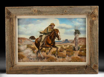 John Scott Painting "Pony Express Chase" (1969): John J. Scott (American, 1919-2016). "Pony Express Chase" oil on board, 1969. Artist's signature, ram symbol, and date on lower right. A wonderful painting by American artist John Scott. Inspired by t