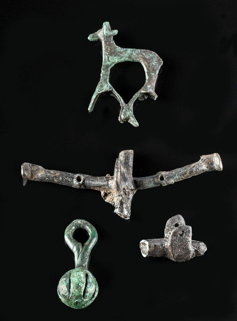 Lot of 3 Archaic Greek Bronze Items - Brooch, Ram, Bell (1 of 2)