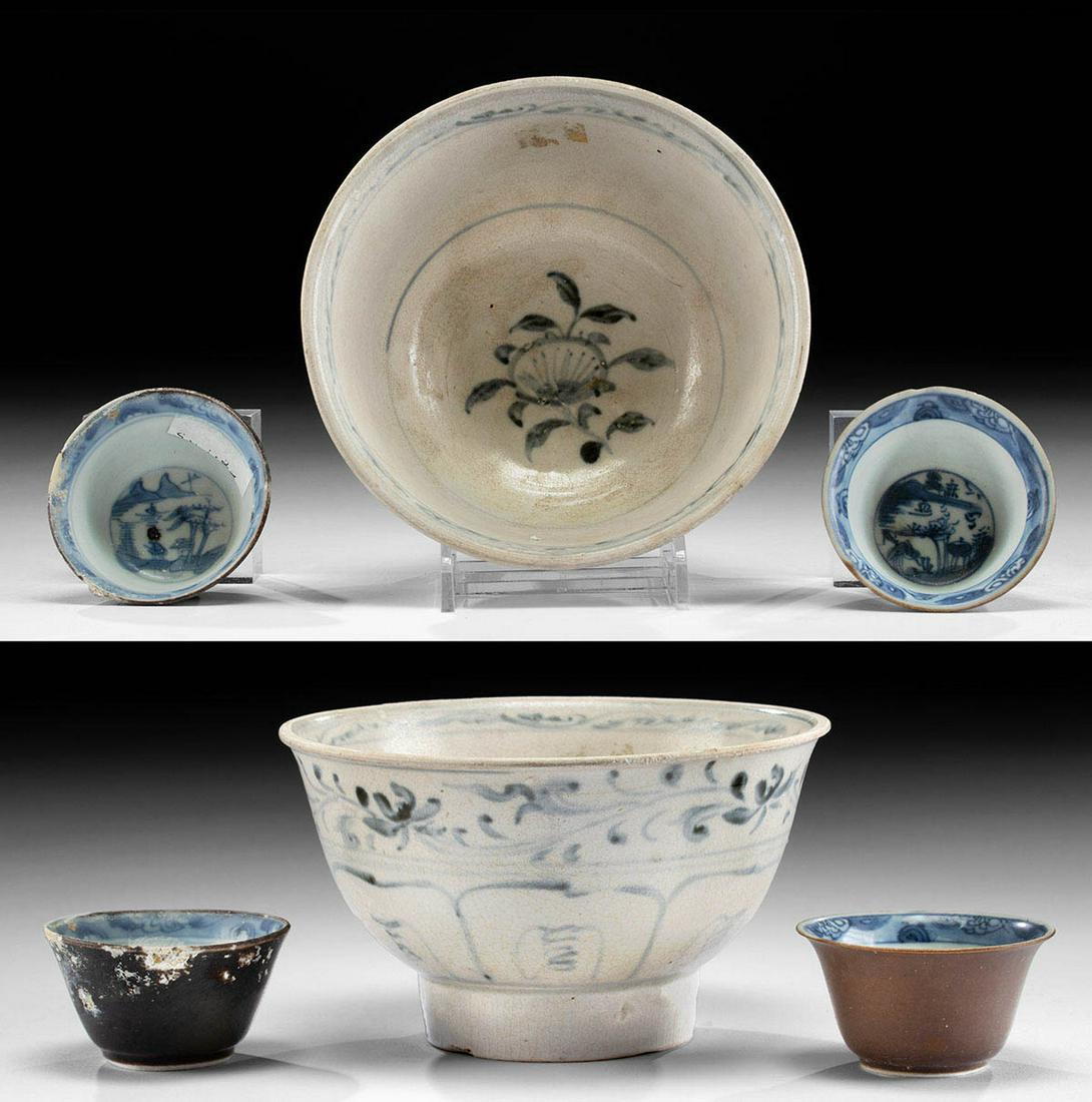 Chinese Ming / Qing Dynasty Porcelain Vessels: **Originally Listed At $400** East Asia, China, late Ming to Qing Dynasty, ca. 17th to 19th century CE. This is a lovely trio of blue-on-white porcelain vessels made for export: a bowl and 2 petite te