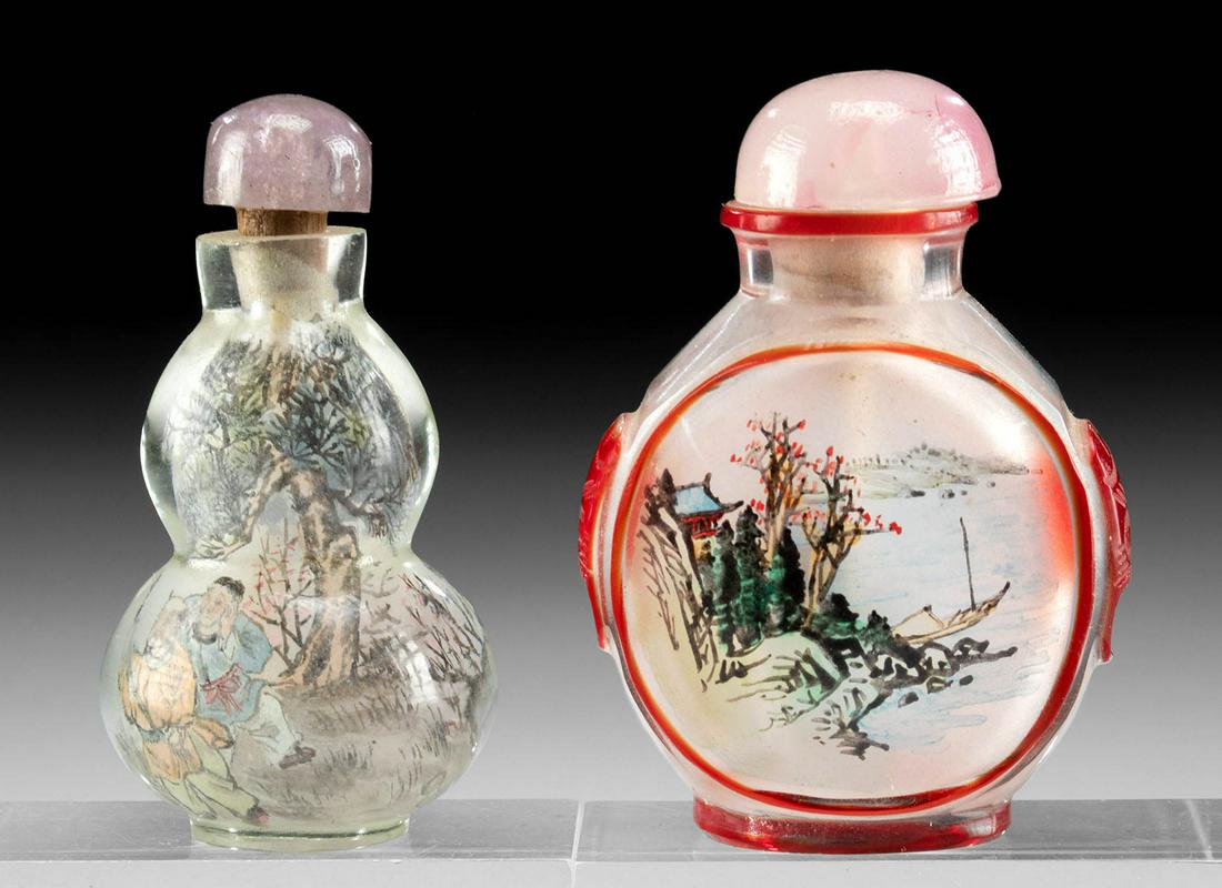 19th C. Chinese Qing Dynasty Glass Snuff Bottles: **Originally Listed At $300** East Asia, China, Qing Dynasty, ca. 19th to early 20th century CE. A lovely pair of glass and amethyst snuff jars, each with a painted scene on the interior of the bottle