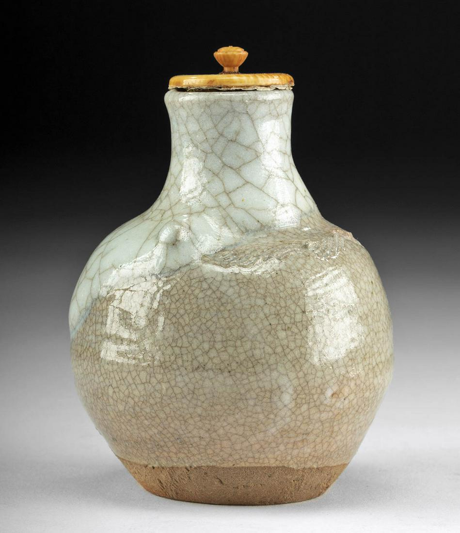 Japanese Edo Hagi Ware Tea Bottle & Ivory Lid, Wood Box: **Originally Listed At $350** East Asia, Japan, late Edo to early Meiji Period, ca. second half of the 19th century CE. A lovely example of a Hagi ware tea bottle, so named based on the town of Hagi i