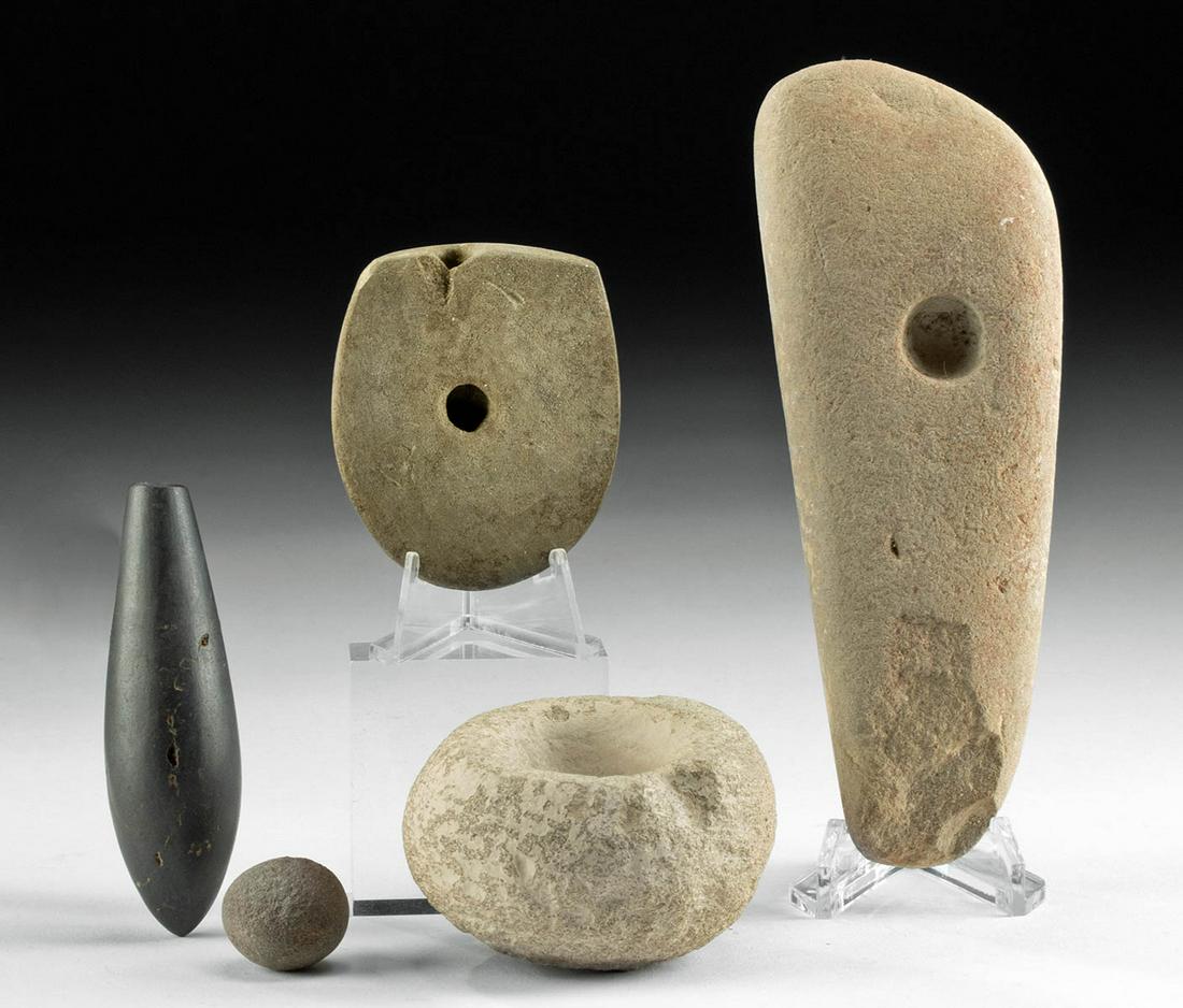 5 Native American Eastern Woodland Worked Stone Tools: **Originally Listed At $400** Native American, Eastern United States, Woodland period, ca. 200 to 1000 CE. A collection of 5 stone tools and artifacts: a grinding mortar, spherical pebble, a preform g