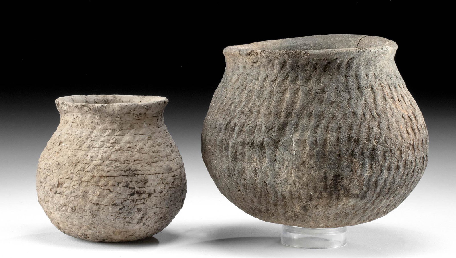 2 Mogollon Corrugated Pottery Jars: **Originally Listed At $400** Native American, Southwestern United States, Southwestern New Mexico, Southeastern Arizona, and Northern Chihuahua region of Mexico, Mogollon culture, ca. 1000 to 1150 CE