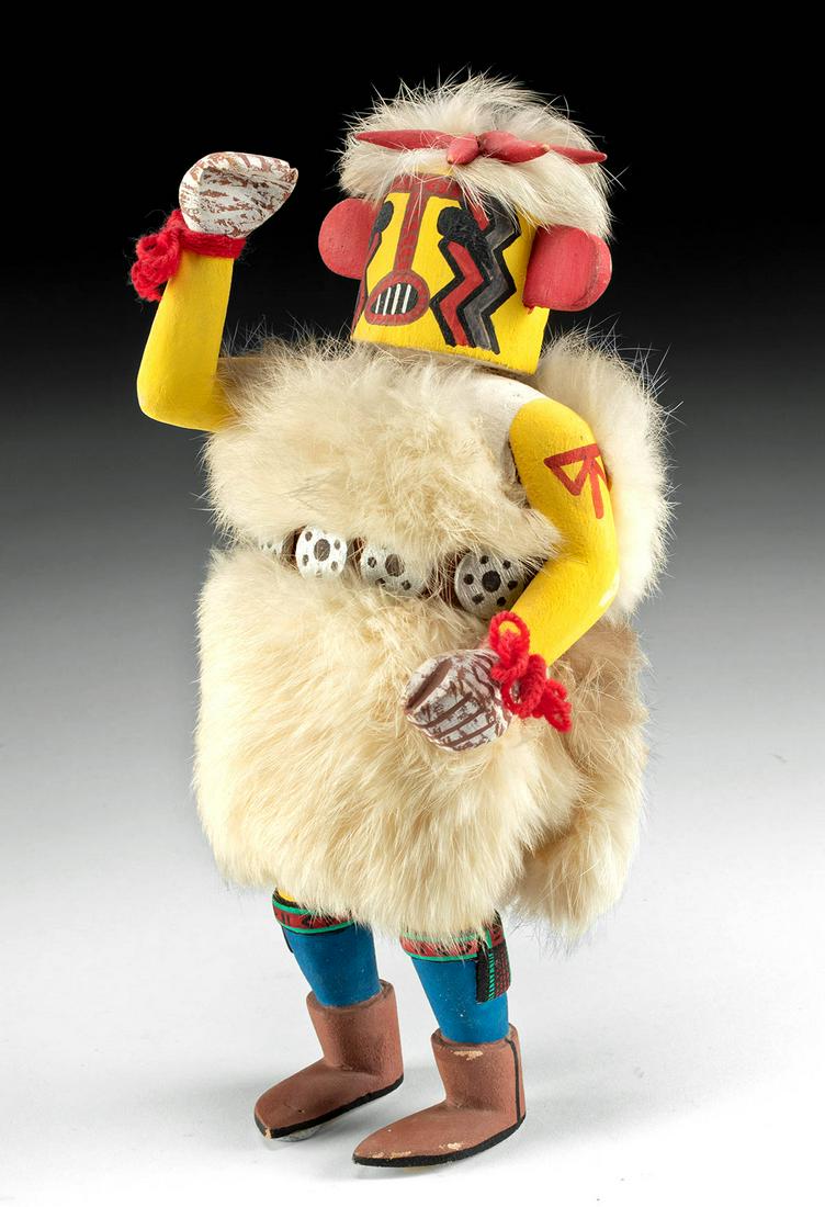 20th C. Hopi Kachina with Rabbit Fur - Sikya Heheya: **Originally Listed At $400** Native American, Southwest, New Mexico or Arizona, Hopi peoples, 20th century. A hand-carved and hand-painted Hopi chili pepper kachina known as Sikya Heheya , with soft 